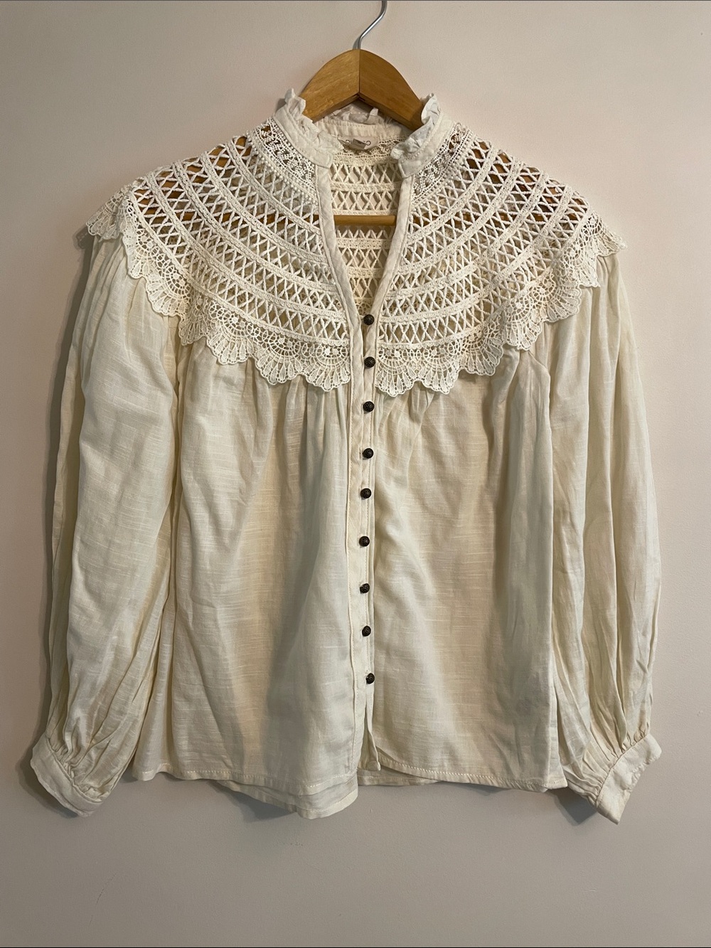 Pilcro Lace Yoke Peasant Blouse Cream Boho Cottagecore Long Sleeve XXS - Picture 3 of 10